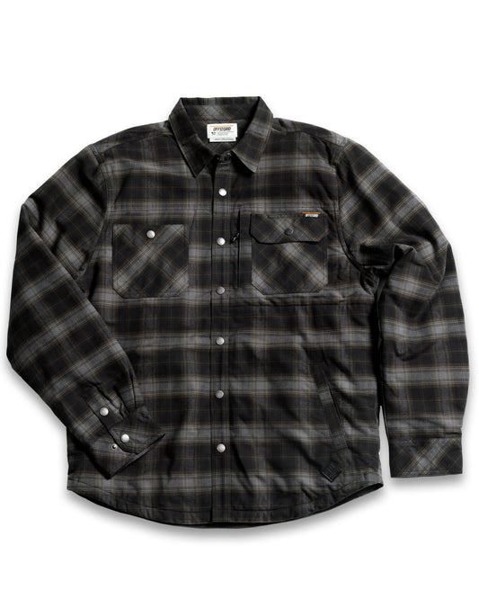 Black Ironside Flannel jacket by Off The Grid Surplus, showing front view with button-up design and classic flannel pattern.