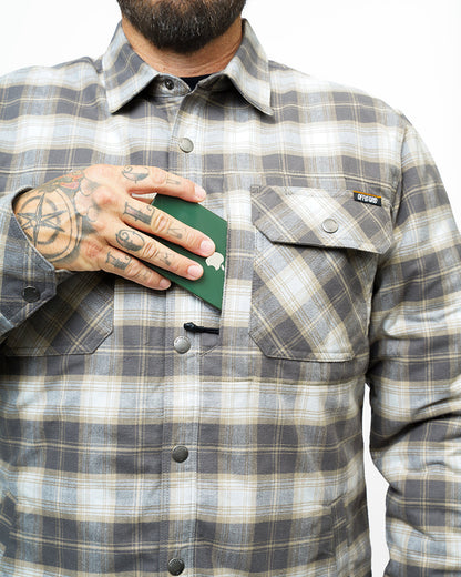 Off The Grid Surplus Ironside Flannel Castlerock jacket with a rugged plaid design, featuring a button-up front and classic collar.