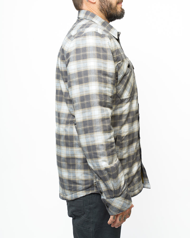 Off The Grid Surplus Ironside Flannel Castlerock jacket, shown in rugged plaid fabric with button closure and chest pockets.