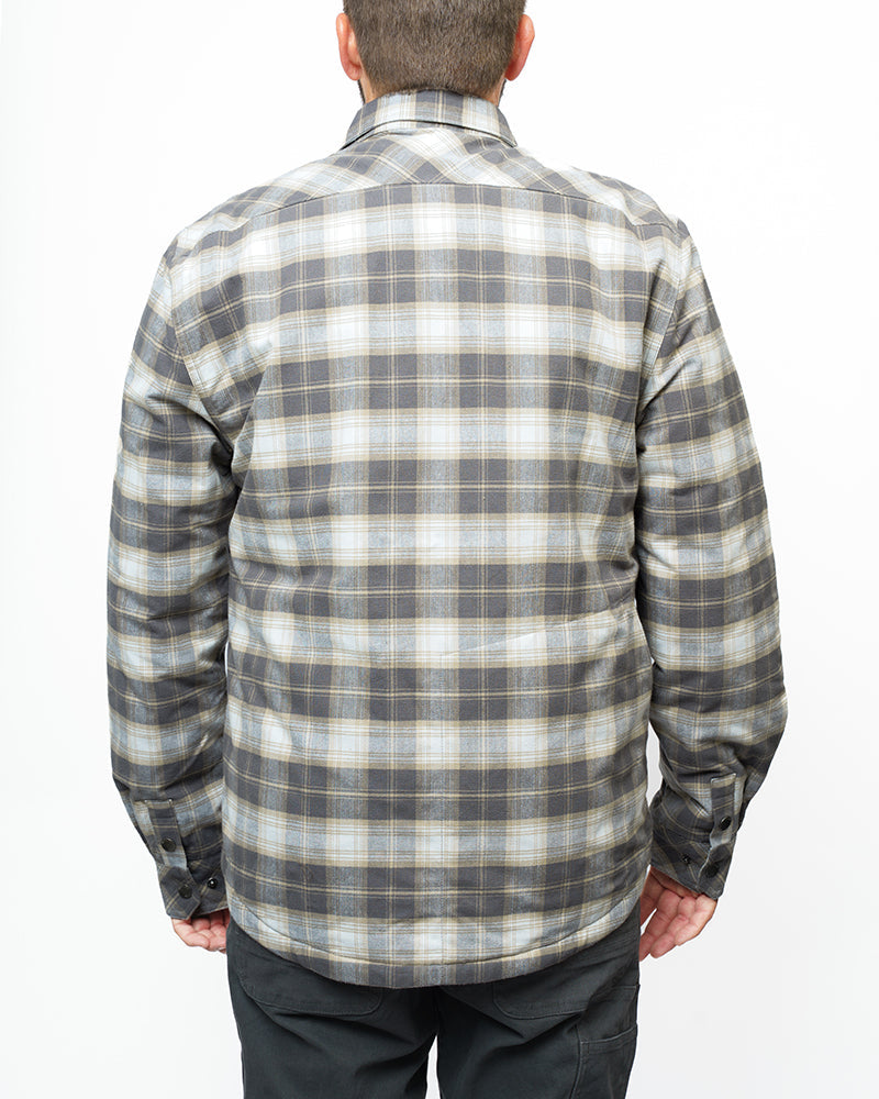 Off The Grid Surplus Ironside Flannel Castlerock jacket with button-up front and plaid pattern, shown on a hanger.