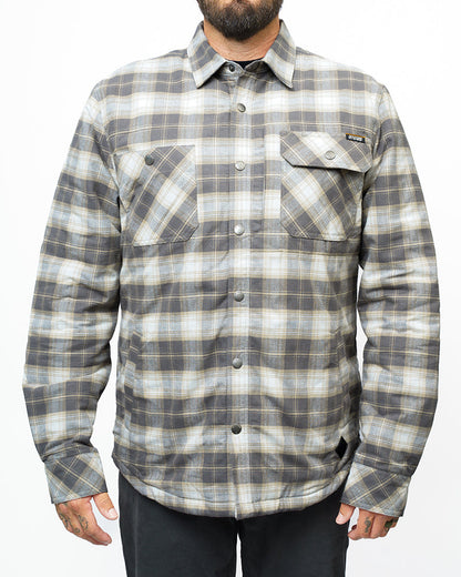 Off The Grid Surplus Ironside Flannel Castlerock jacket with a button-up front and rugged plaid design.