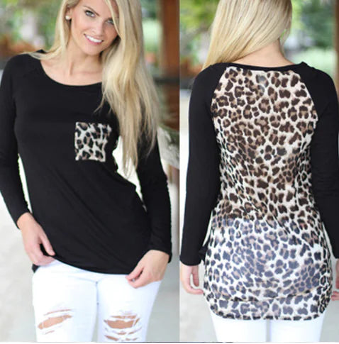 Leopard Print Chiffon Long Sleeve Pocket T-Shirt