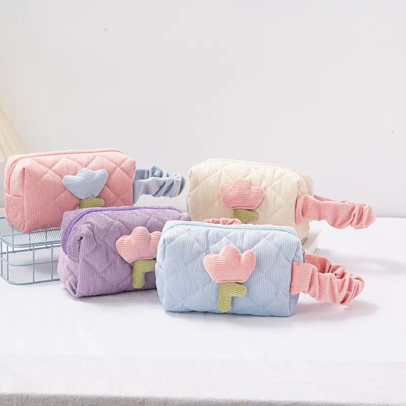 Corduroy Flower Makeup Bag Set for Travel and Beauty.