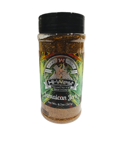 Spicy Hi-West Jamaican Jerk Seasoning in a jar, featuring vibrant red and brown spice blend, ideal for grilling and marinating meats.