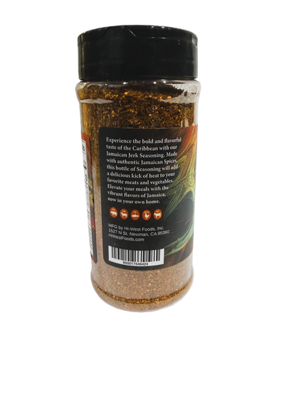 Jar of Hi-West Jamaican Jerk Seasoning with spicy blend, featuring colorful dried herbs and spices on the label.