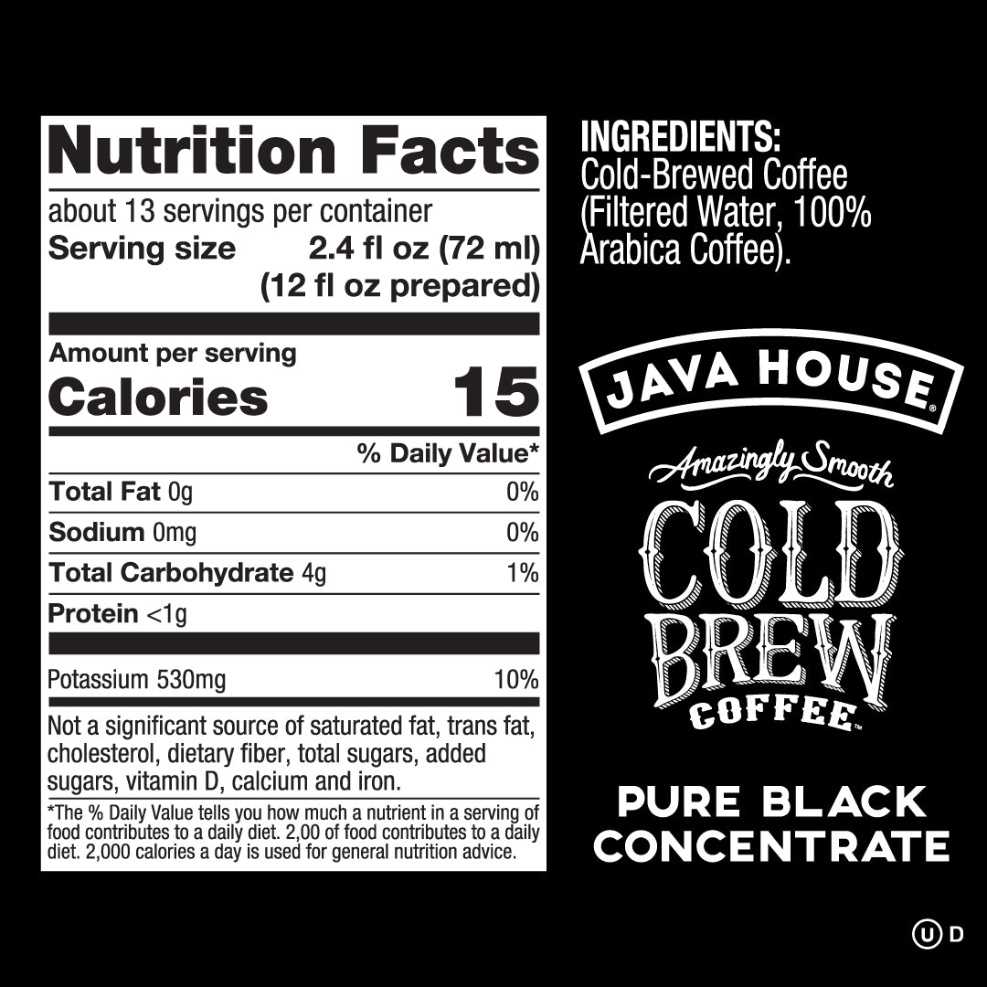 Java House cold brew concentrate in a 32oz bottle, showing the dark liquid inside on a clean background.