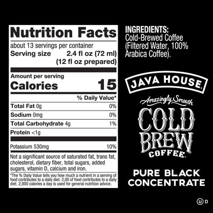 Java House cold brew concentrate in a 32oz bottle, showing the dark liquid inside on a clean background.
