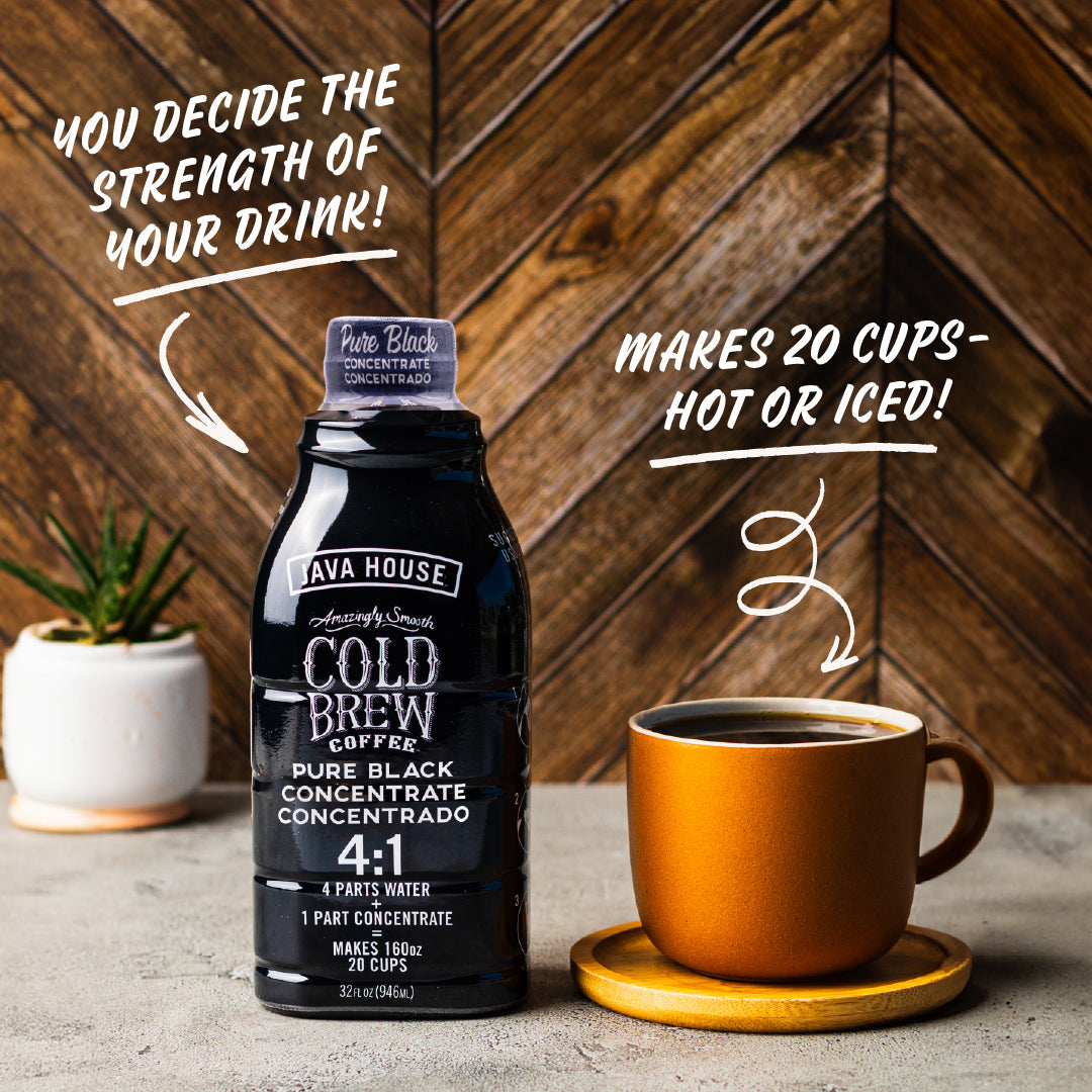Java House cold brew concentrate in a 32oz bottle, showcasing the dark, rich coffee liquid in a clear container.