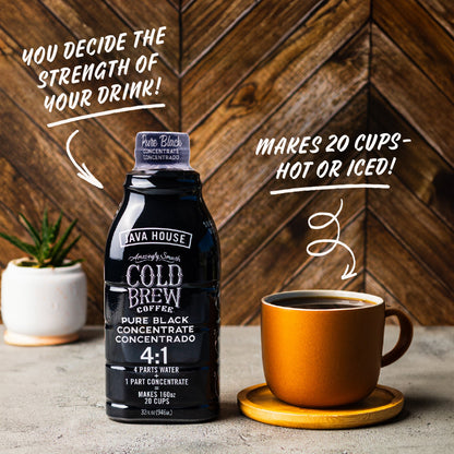 Java House cold brew concentrate in a 32oz bottle, showcasing the dark, rich coffee liquid in a clear container.