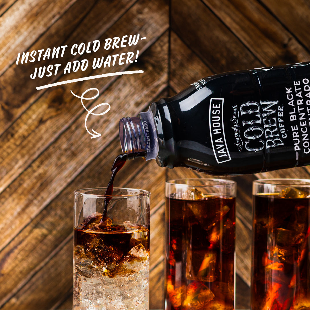 Java House Cold Brew Concentrate 32oz bottle, dark coffee concentrate with a black label and cap, ready for brewing or mixing.