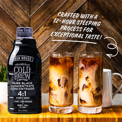 Java House cold brew concentrate in 32oz bottle, showing the dark liquid inside with a clear label on the container.