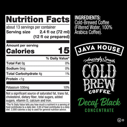 Decaf Cold Brew 4:1 concentrate bottle from Java House, 32oz, with dark coffee liquid visible in the image.