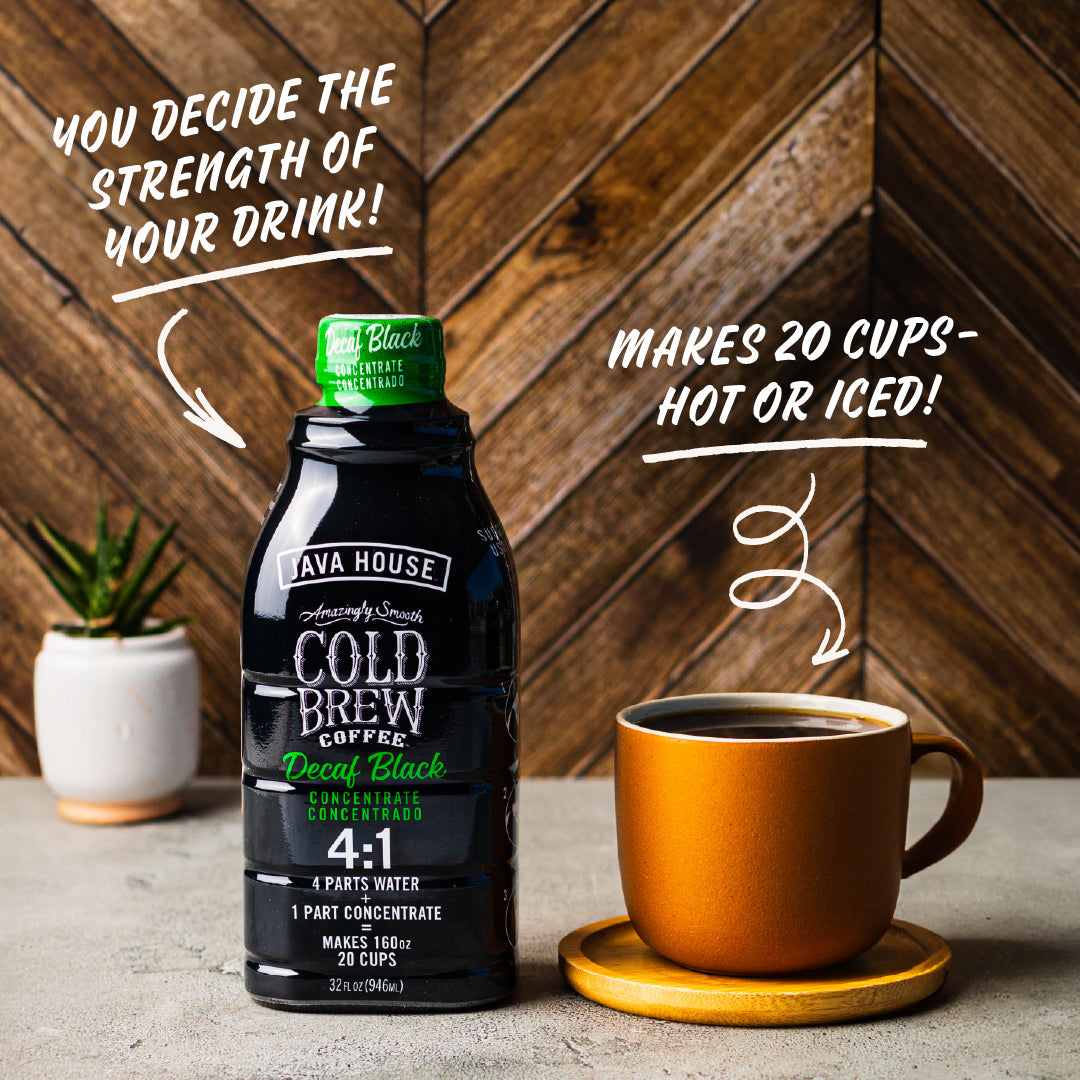 Decaf Cold Brew 4:1 concentrate by Java House in a 32oz bottle, ready for making smooth, rich coffee drinks.
