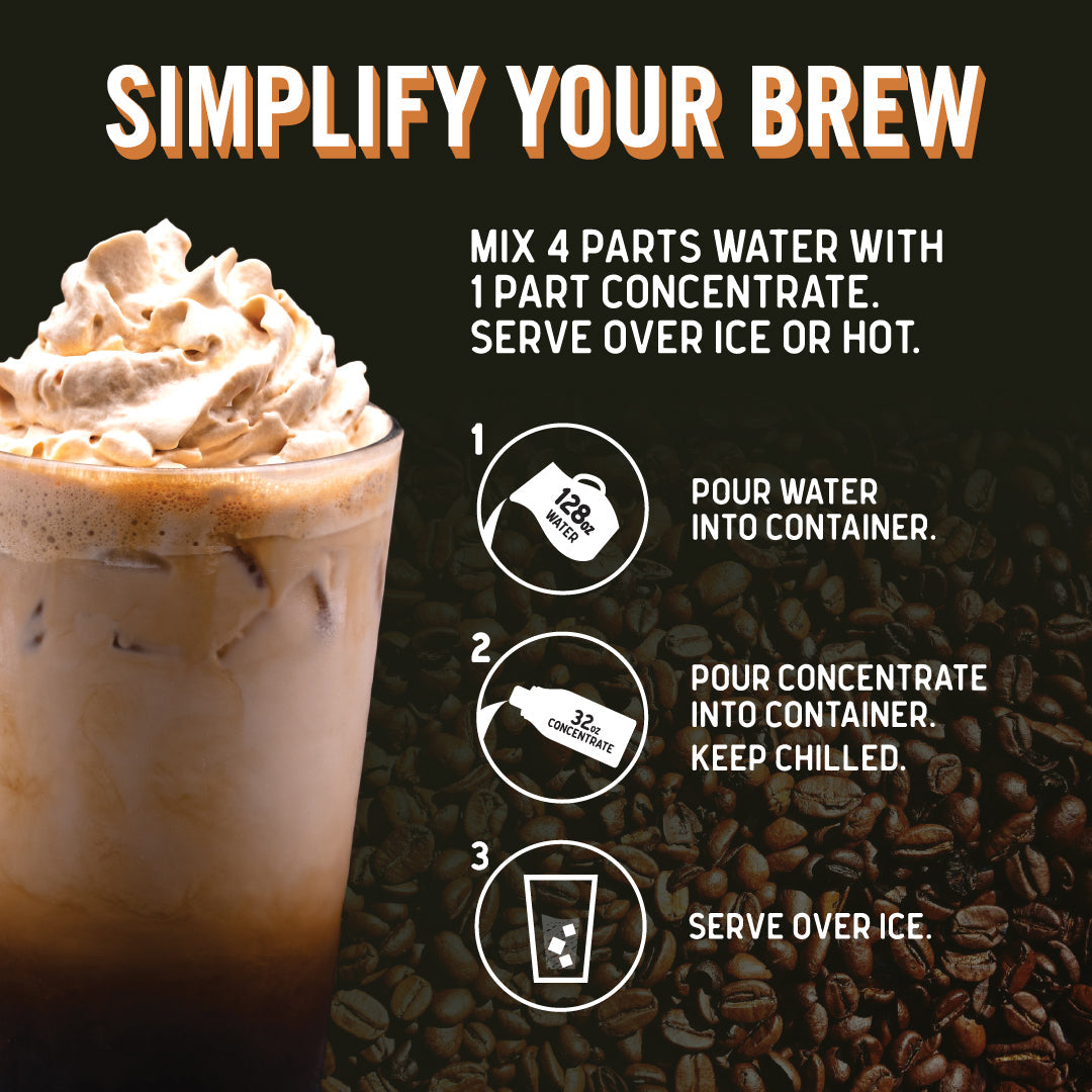 Decaf cold brew coffee concentrate by Java House in a 32oz bottle, showcasing the dark, rich liquid inside the container.