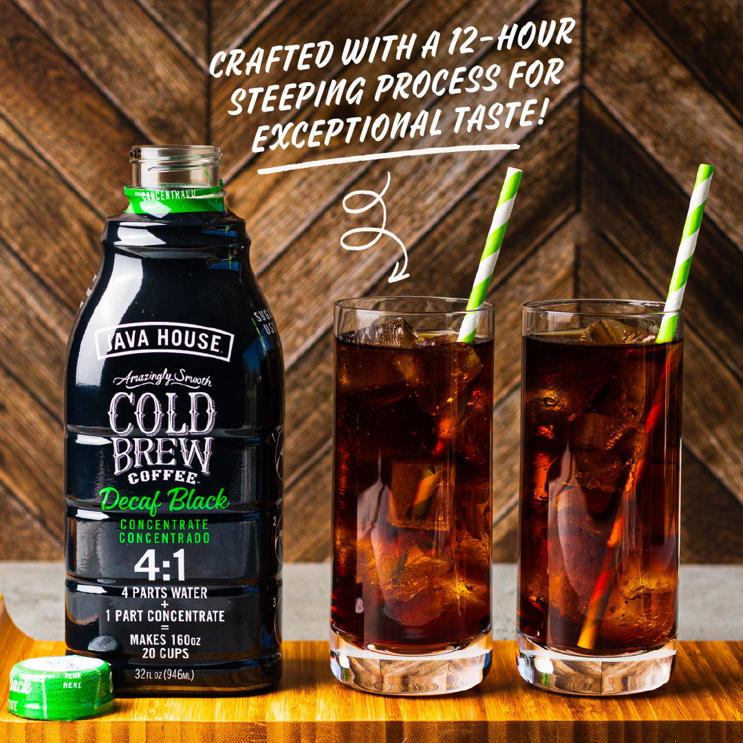 Java House decaf cold brew 4:1 concentrate in a 32oz bottle, featuring a dark coffee liquid with a label displaying product details.