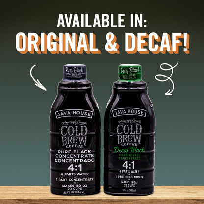 Decaf cold brew concentrate by Java House in a 32oz bottle, ready for making smooth, flavorful iced coffee at home.