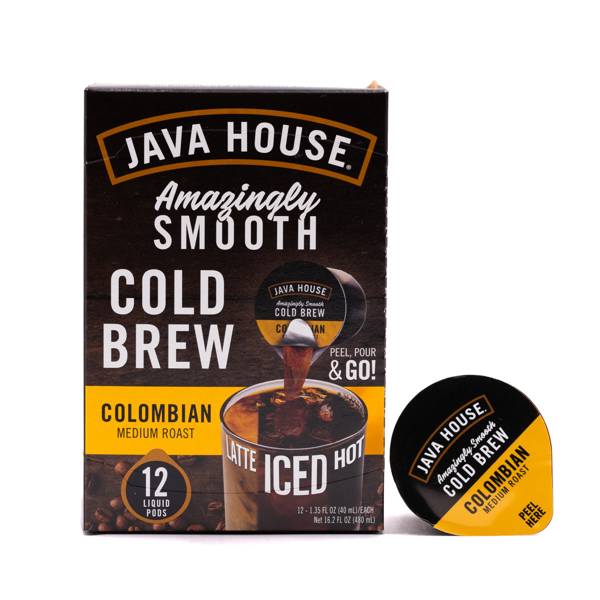 Colombian cold brew coffee pods from Java House, featuring dark roasted coffee beans in individual pod packaging.