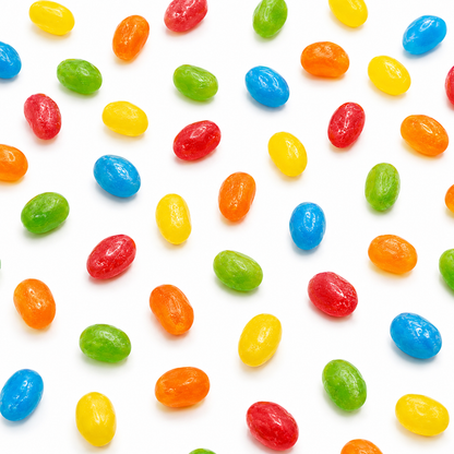Assorted Sour Patch Kids Jelly Beans in a bulk value bag, colorful candy from Candy In Bulk on a white background.
