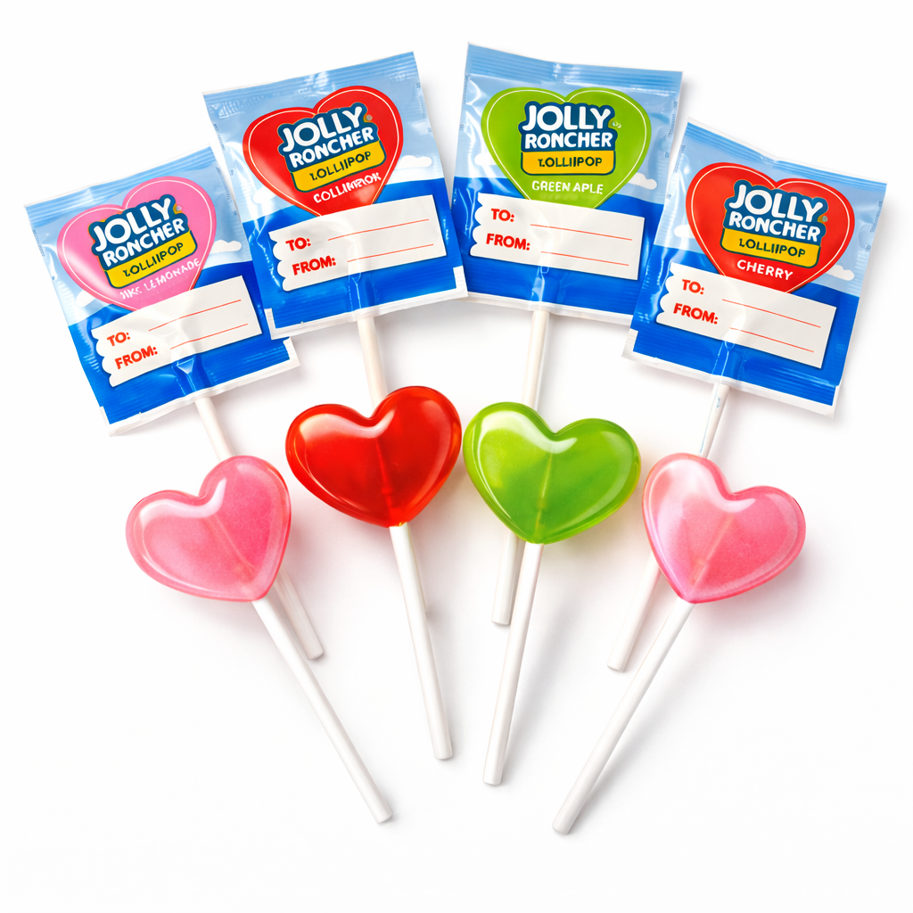 Assorted Jolly Rancher Hearts shaped lollipops from Candy In Bulk, Valentine's Day edition, colorful and individually wrapped.