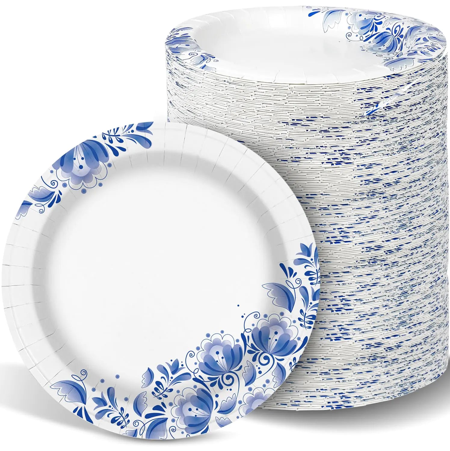 Charmount Paper Plates Bulk 10 Inch Large Paper Plates 300pcs Disposable Paper Plates Blue Paper Plates for Parties and Daily Use Soak Proof Cut Proof Flower Printed