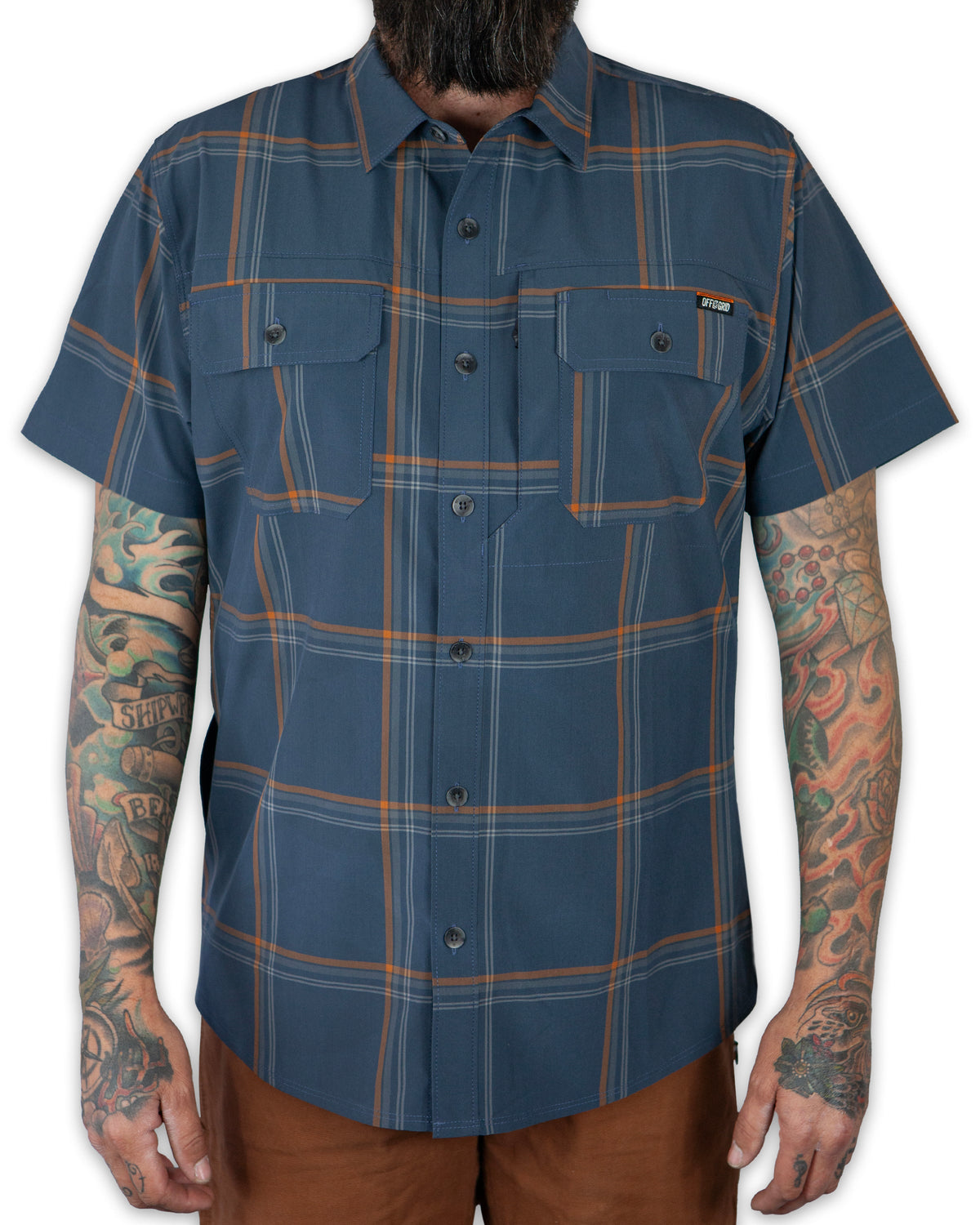 Dark gray blue short sleeve Jack Knife SS shirt by Off The Grid Surplus, showing the fitted design and fabric texture.