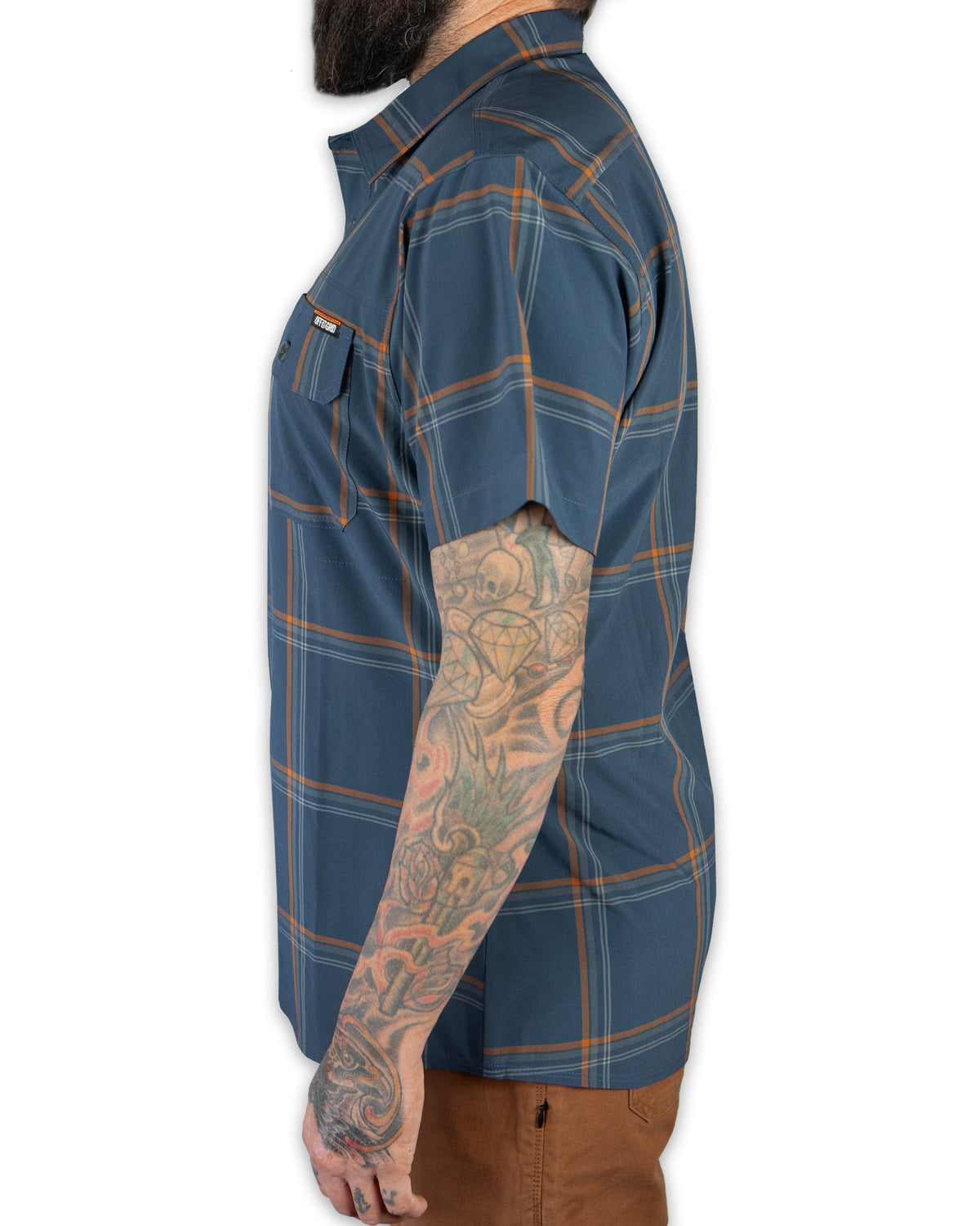 Dark gray blue short sleeve Jack Knife SS shirt by Off The Grid Surplus, showing a close-up of fabric and collar detail.