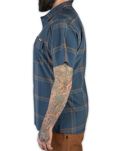 Dark gray blue short sleeve Jack Knife SS shirt by Off The Grid Surplus, showing a close-up of fabric and collar detail.