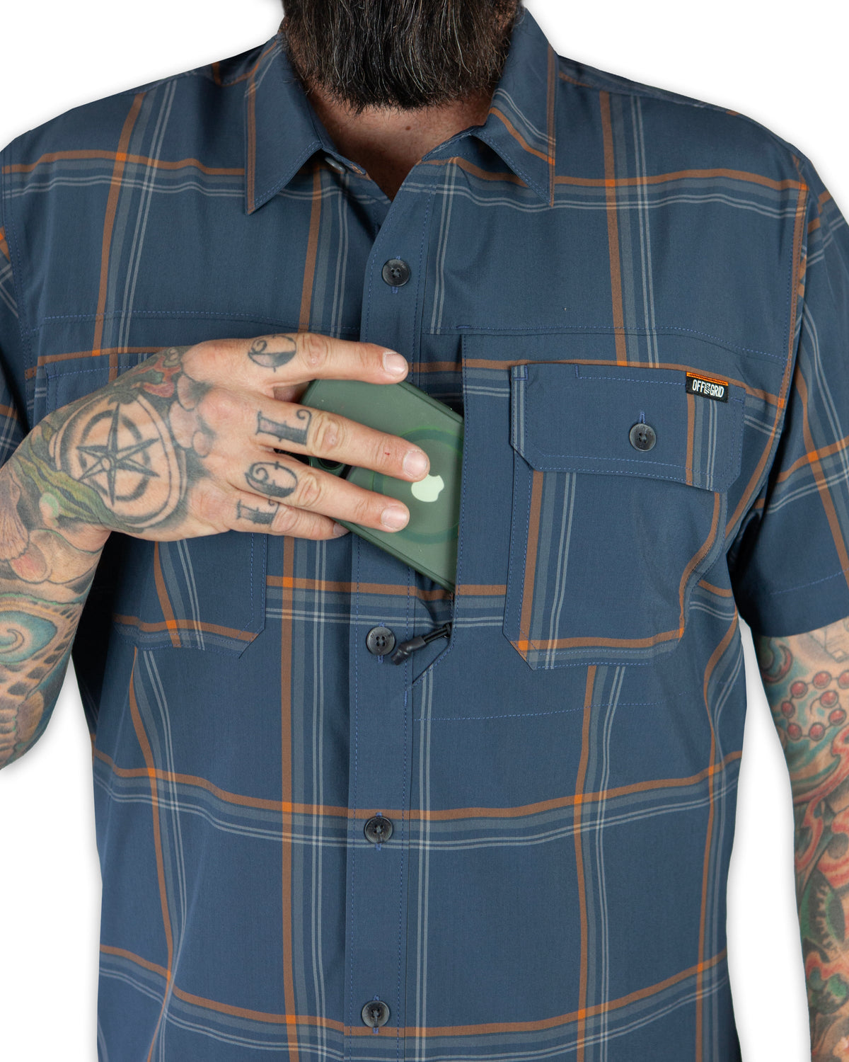 Dark gray-blue short sleeve Jack Knife SS shirt by Off The Grid Surplus, featuring a casual fit and stylish design.