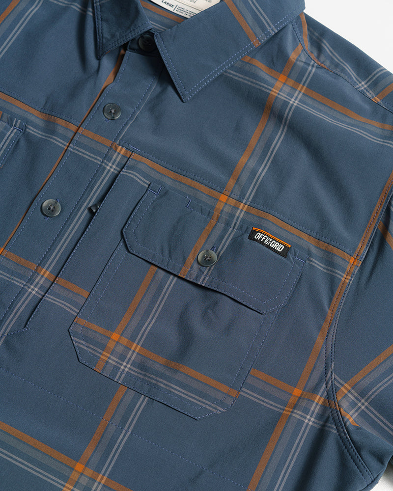 Dark gray and blue short sleeve Jack Knife SS shirt by Off The Grid Surplus with button front and casual fit.