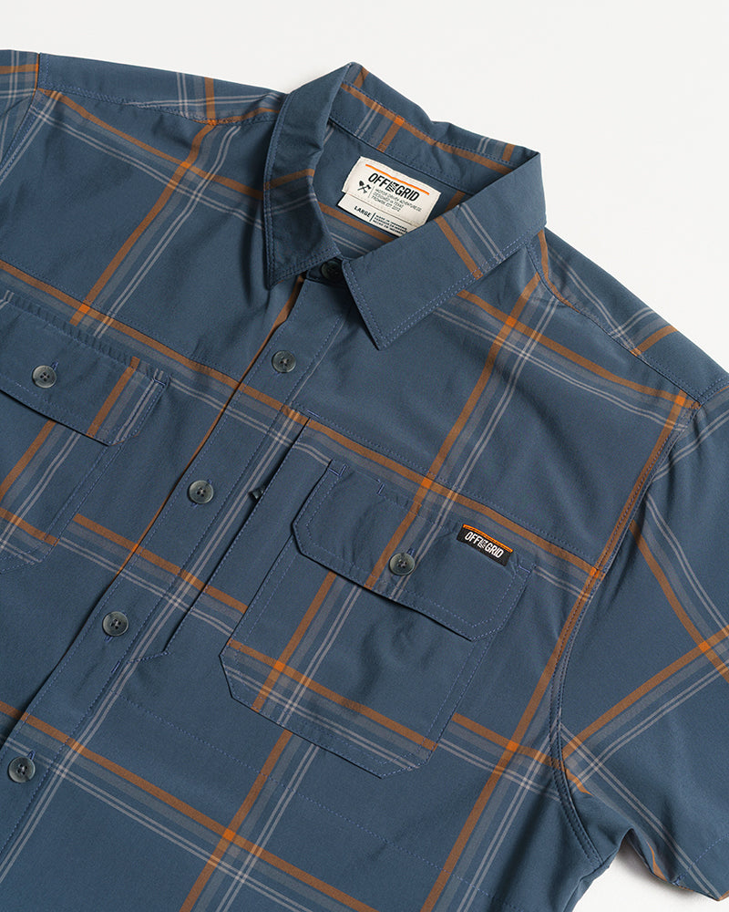 Dark gray and blue short sleeve Jack Knife SS shirt by Off The Grid Surplus, showing fabric and collar details.