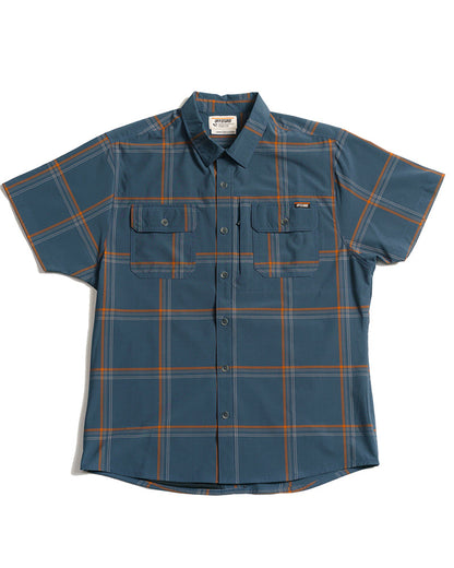 Dark gray-blue short sleeve Jack Knife SS shirt by Off The Grid Surplus, shown on a hanger with visible fabric details.