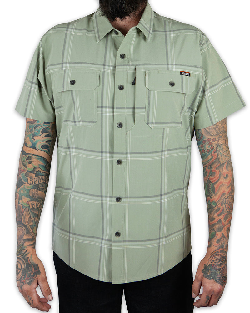 Sage green Jack Knife SS Shirt by Off The Grid Surplus, short sleeve shirt displayed with front view and collar detail.