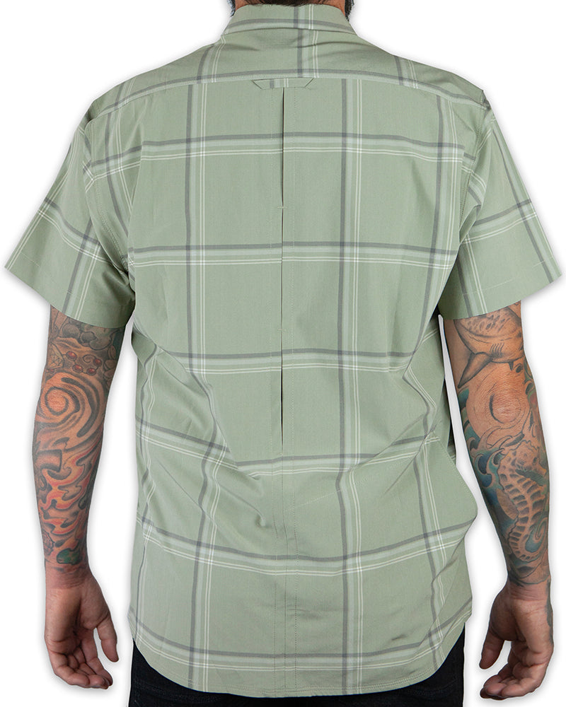Sage green short sleeve Jack Knife SS shirt by Off The Grid Surplus displayed on a hanger with front view.