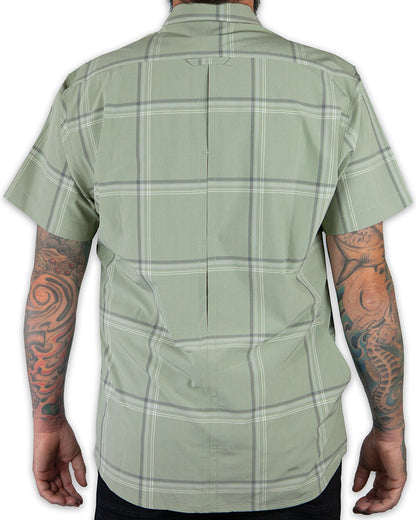 Sage green short sleeve Jack Knife SS shirt by Off The Grid Surplus displayed on a hanger with front view.