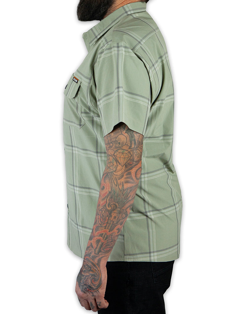 Sage green short sleeve Jack Knife SS shirt by Off The Grid Surplus, featuring a casual fit and button-up style.
