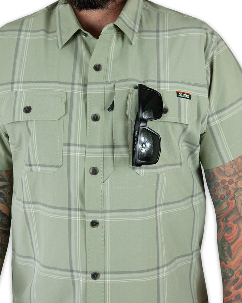 Sage green short sleeve Jack Knife SS shirt by Off The Grid Surplus, featuring a casual fit with button-front design.