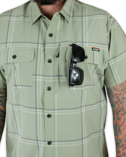 Sage green short sleeve Jack Knife SS shirt by Off The Grid Surplus, featuring a casual fit with button-front design.