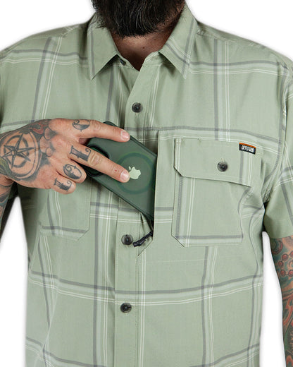 Sage green short sleeve Jack Knife SS shirt by Off The Grid Surplus, showcasing front view with collar and button details.