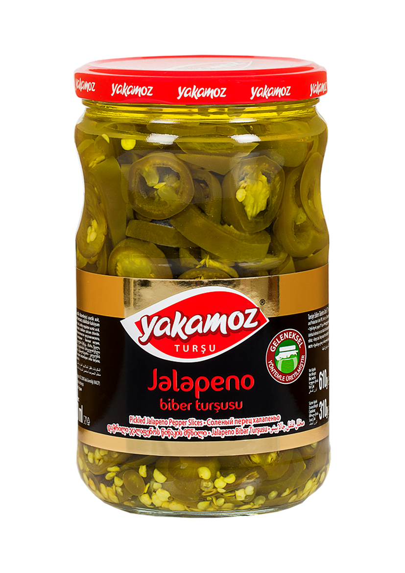 Glass jar of S101 Yakamoz Jalapeno Pickle with vibrant green jalapenos in brine, labeled as 610G.