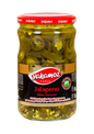 Glass jar of S101 Yakamoz Jalapeno Pickle with vibrant green jalapenos in brine, labeled as 610G.