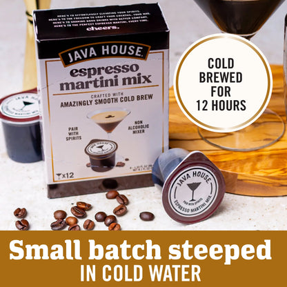 Java House Cold Brew Espresso Martini Mix in a bottle, ready to make flavorful coffee cocktails at home.
