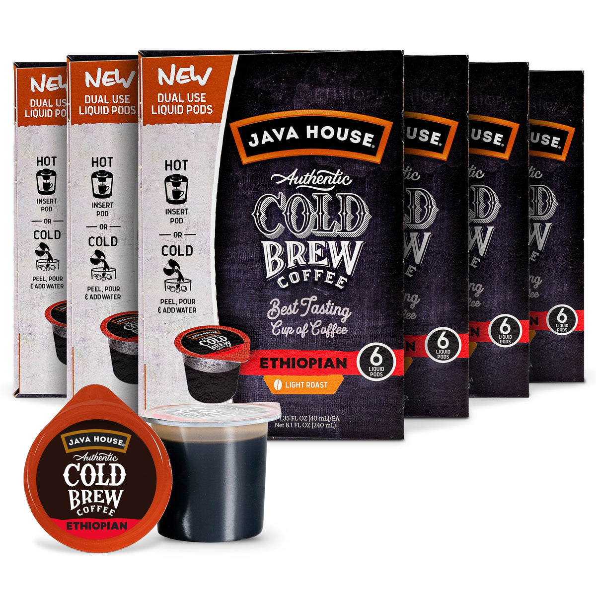 Java House Ethiopian cold brew coffee pods, pack of 36, featuring rich, aromatic coffee beans in individual pods for convenient brewing.