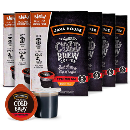 Java House Ethiopian cold brew coffee pods, pack of 36, featuring rich, aromatic coffee beans in individual pods for convenient brewing.