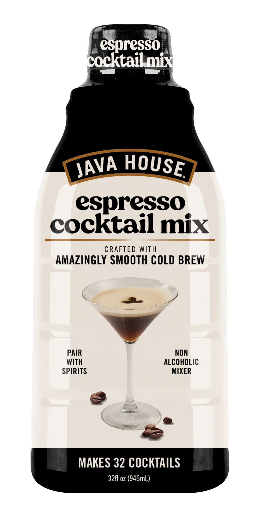 Java House Cold Brew Espresso Martini Mix peel and pour pods, 32oz bottle, with coffee and cocktail ingredients visible