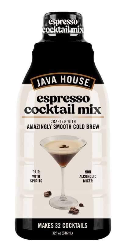 Java House Cold Brew Espresso Martini Mix peel and pour pods, 32oz bottle, with coffee and cocktail ingredients visible