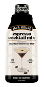 Java House Cold Brew Espresso Martini Mix peel and pour pods, 32oz bottle, with coffee and cocktail ingredients visible