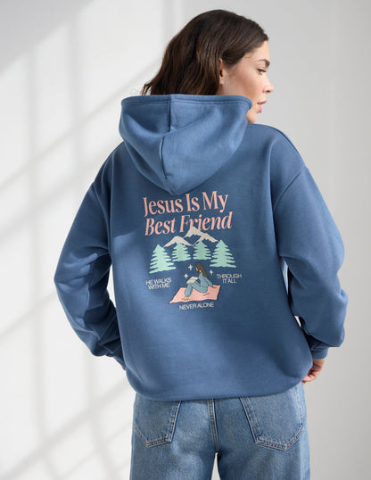 Unisex hoodie by Elevated Faith featuring Jesus Is My Best Friend slogan, casual fit with front pocket and hoodie drawstrings.