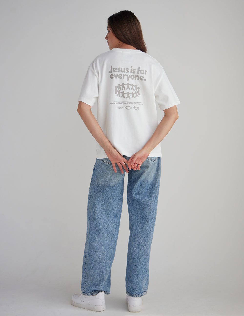 Black heavyweight Jesus Is for Everyone T-shirt by Elevated Faith featuring a bold front graphic and comfortable fit.