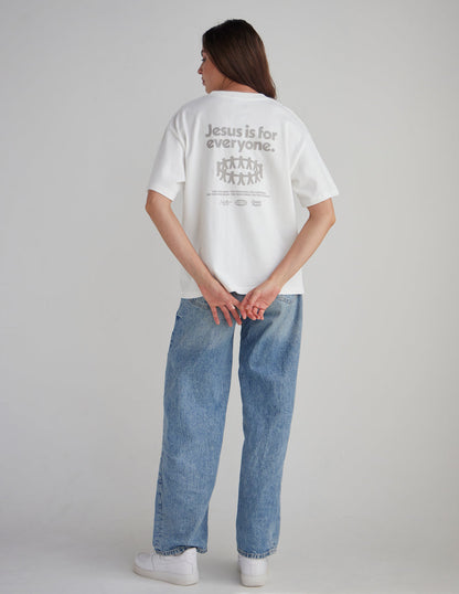 Black heavyweight Jesus Is for Everyone T-shirt by Elevated Faith featuring a bold front graphic and comfortable fit.