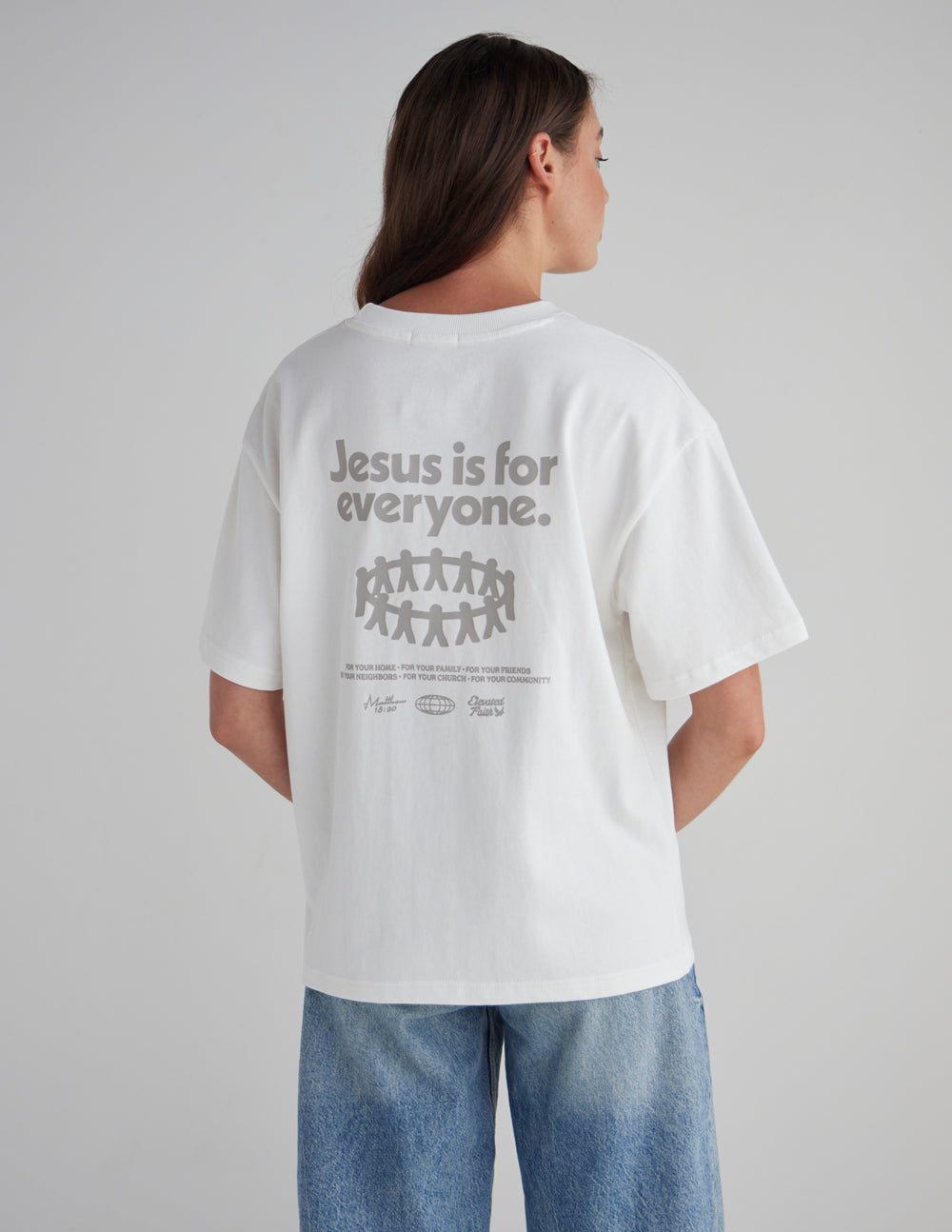 Black heavyweight T-shirt from Elevated Faith featuring a Christian Jesus Is for Everyone design in bold white lettering.